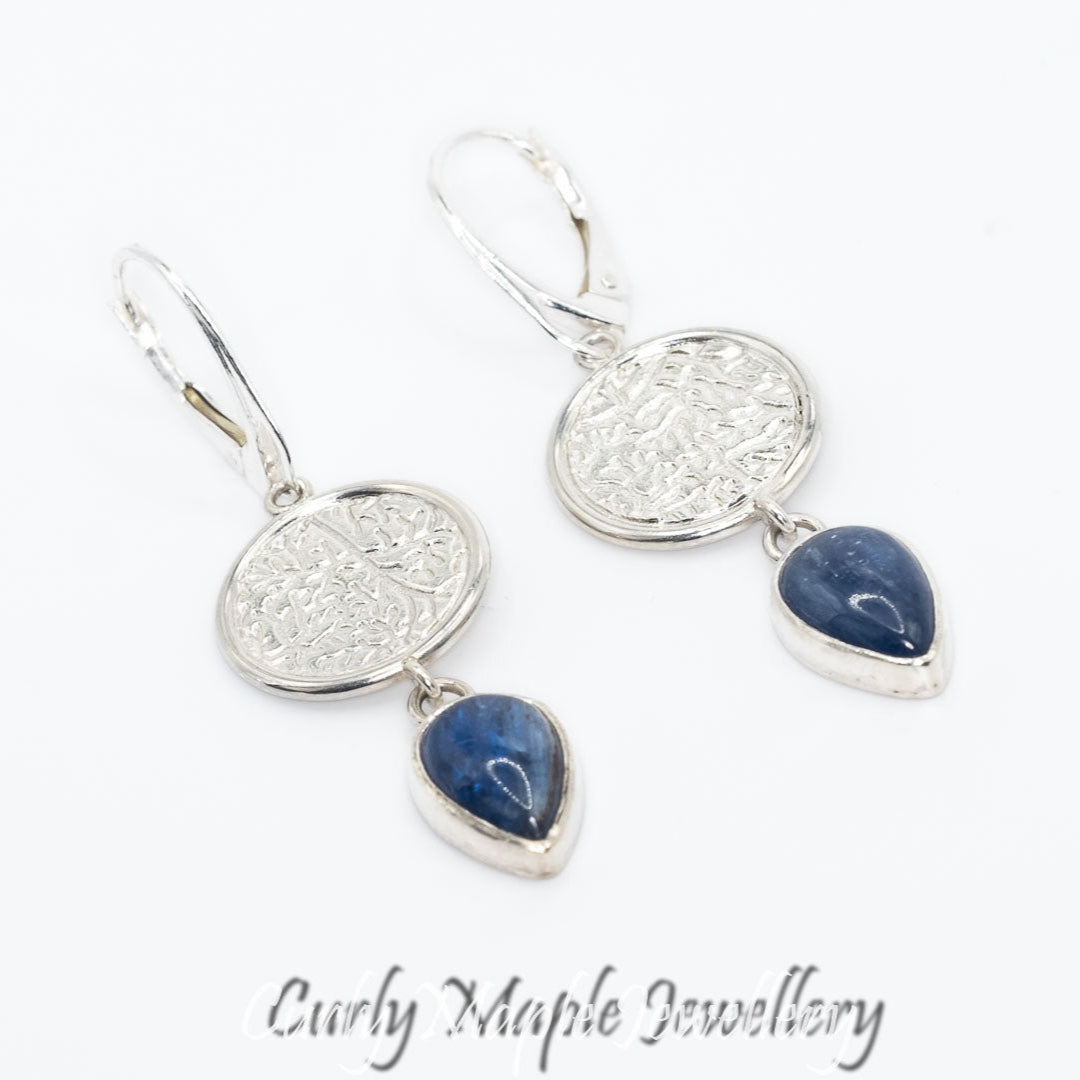 Blue Kyanite Textured Silver Earrings with lever-back ear-wires
