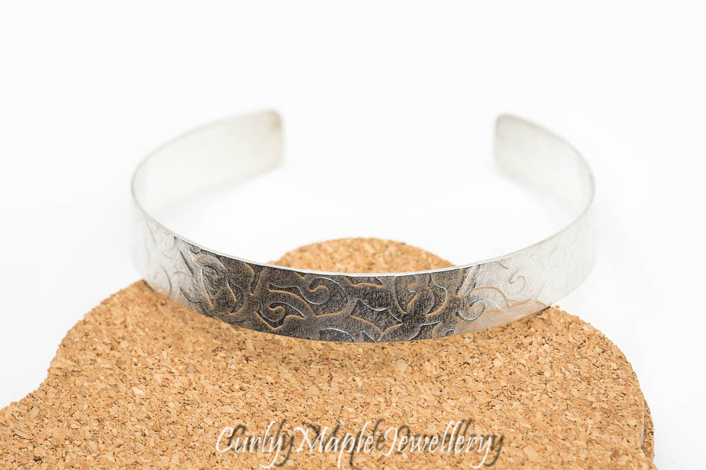 Calligraphy Textured Silver Cuff Bracelet