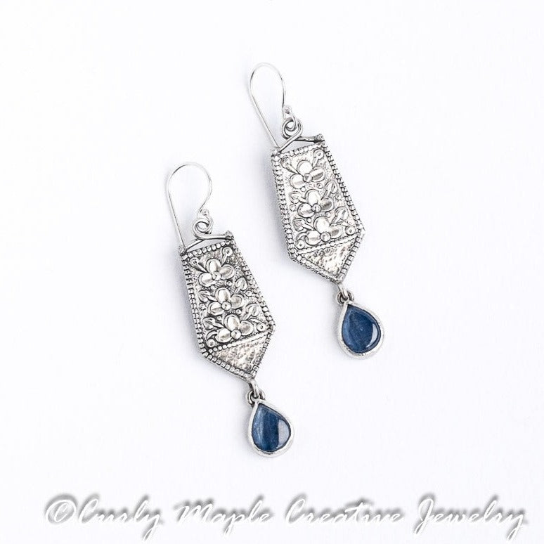 Long Flower Ornament Teardrop Kyanite Earrings