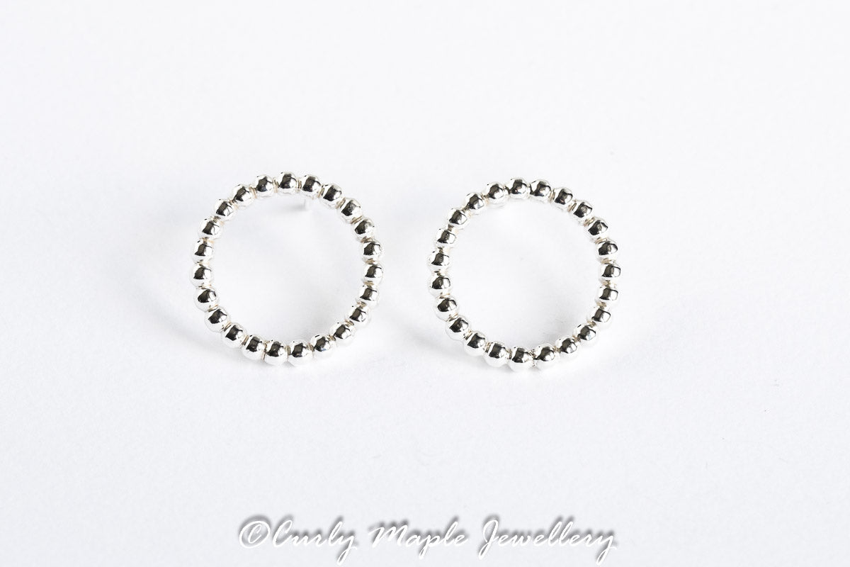 Open Circle Silver Beaded Wire Post Earrings