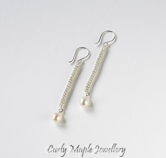 Pearl Silver Foxtail Chain Earrings - Long Dangles