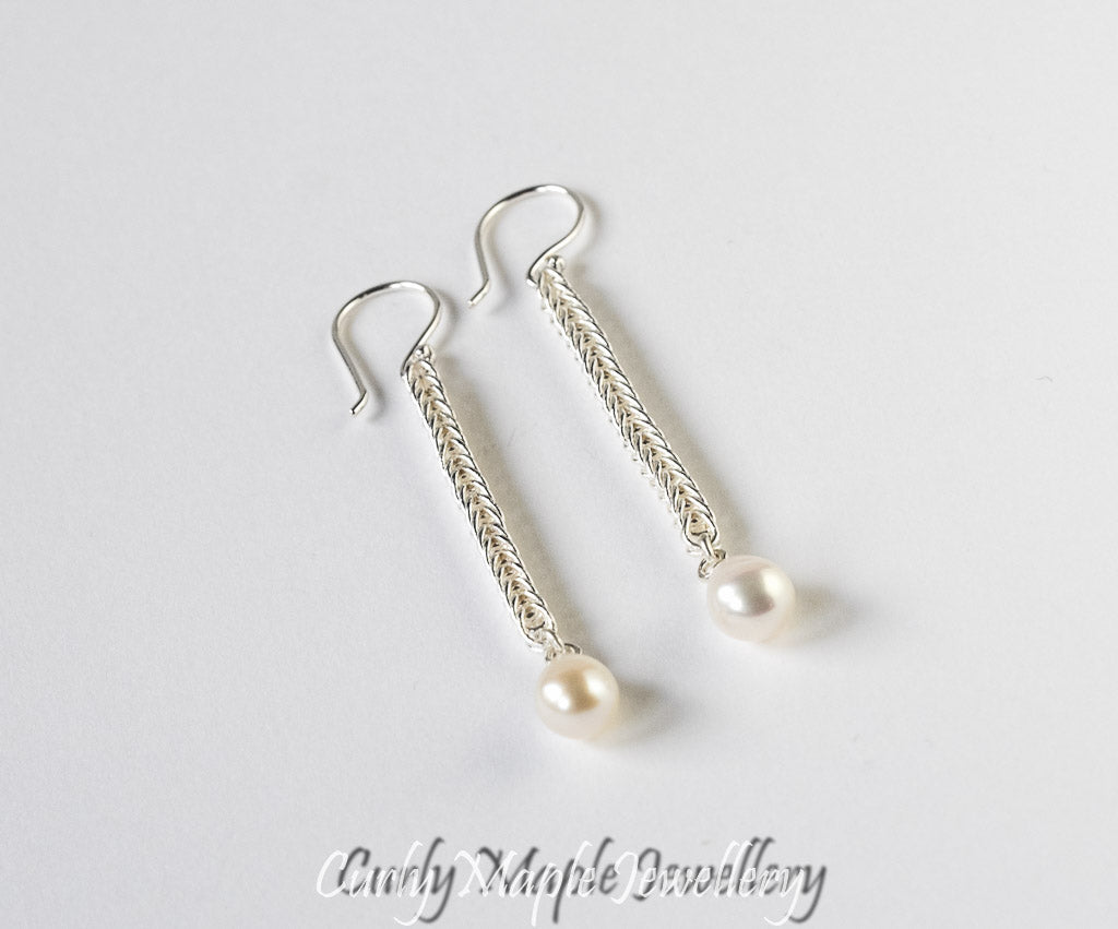 Pearl Silver Foxtail Chain Earrings - Long Dangles