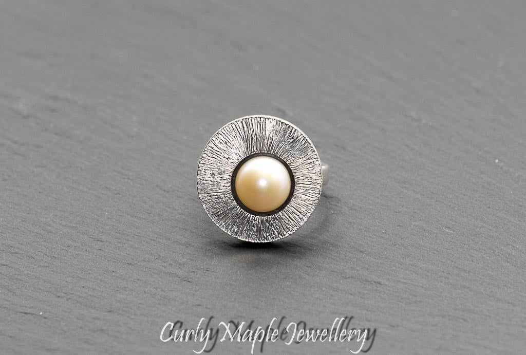 Round Pearl Textured Silver Statement Ring