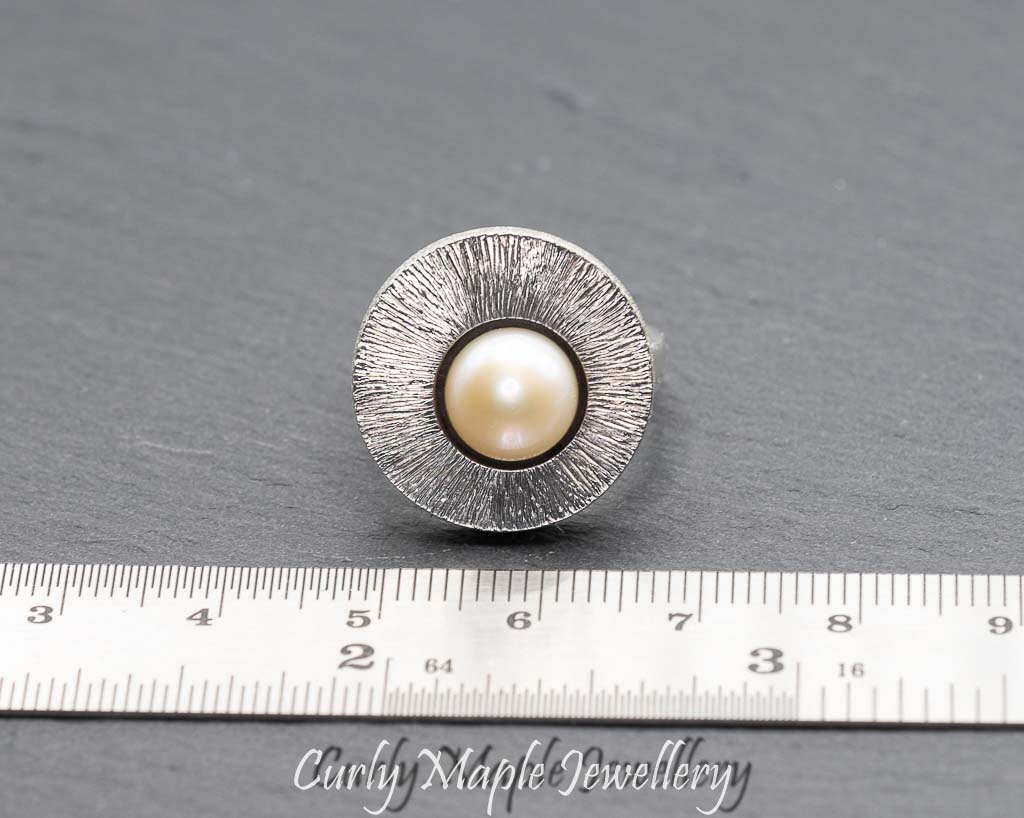 Round Pearl Textured Silver Statement Ring