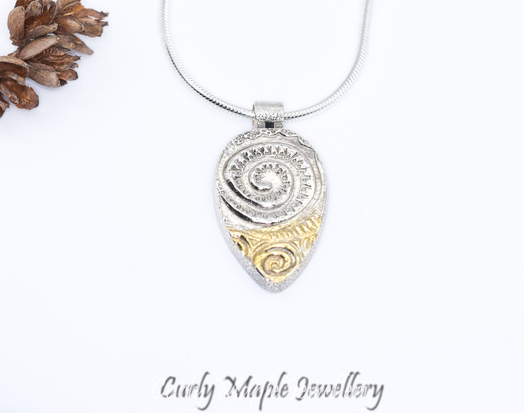 Swirl Textured Silver Gold Teardrop Pendant