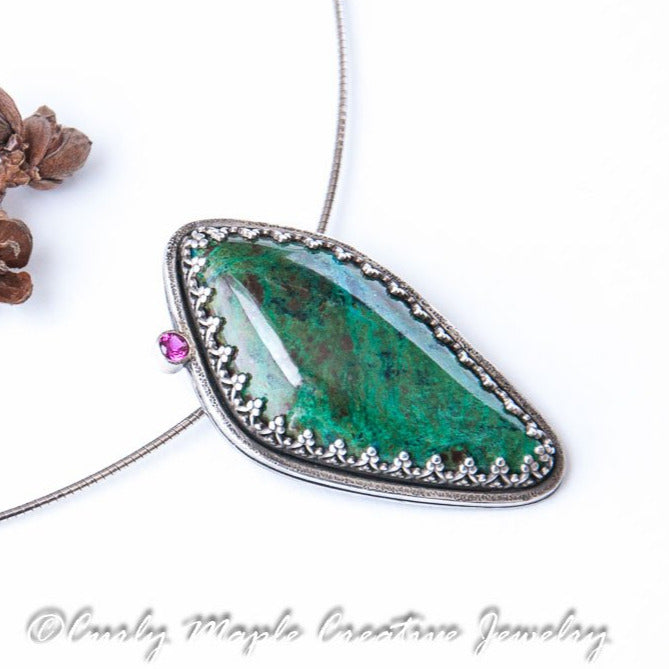 Chrysocolla Ruby Silver Pendant Necklace front view from left angle