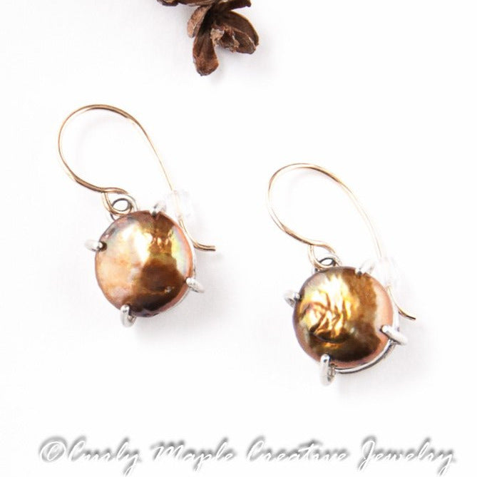 Copper Pearl Silver Dangle Earrings