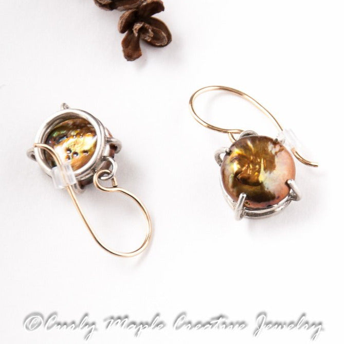 Copper Pearl Silver Dangle Earrings with fron and back showing