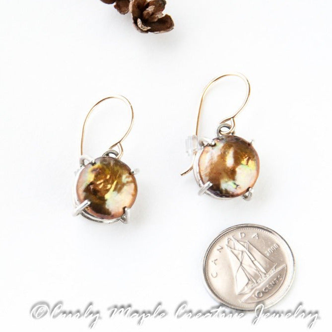 Copper Pearl Silver Dangle Earrings with Canadian dime for scale