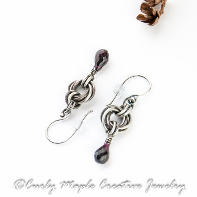 Garnet Silver Chainmaille Earrings top view