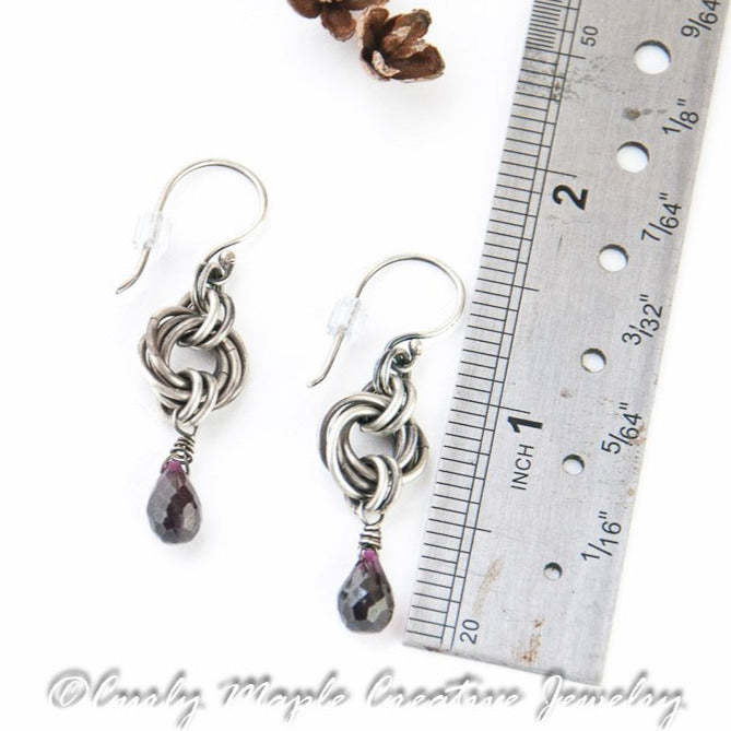 Garnet Silver Chainmaille Earrings with a ruler for scale