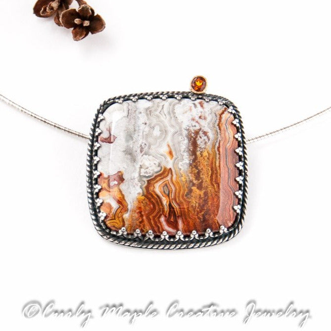Fire Citrine Crazy Lace Agate Pendant Necklace in Sterling Silver top view