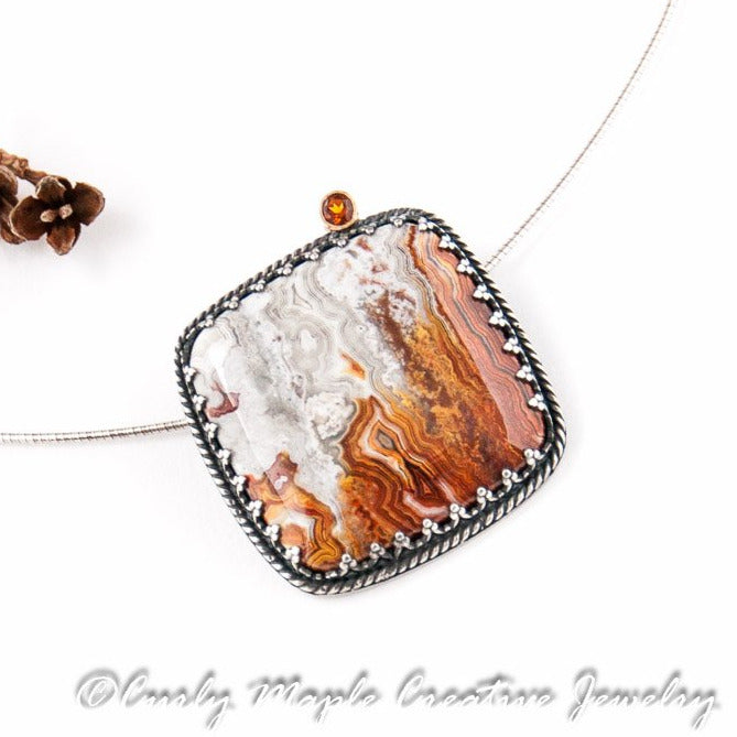Fire Citrine Crazy Lace Agate Pendant Necklace in Sterling Silver front view from right angle