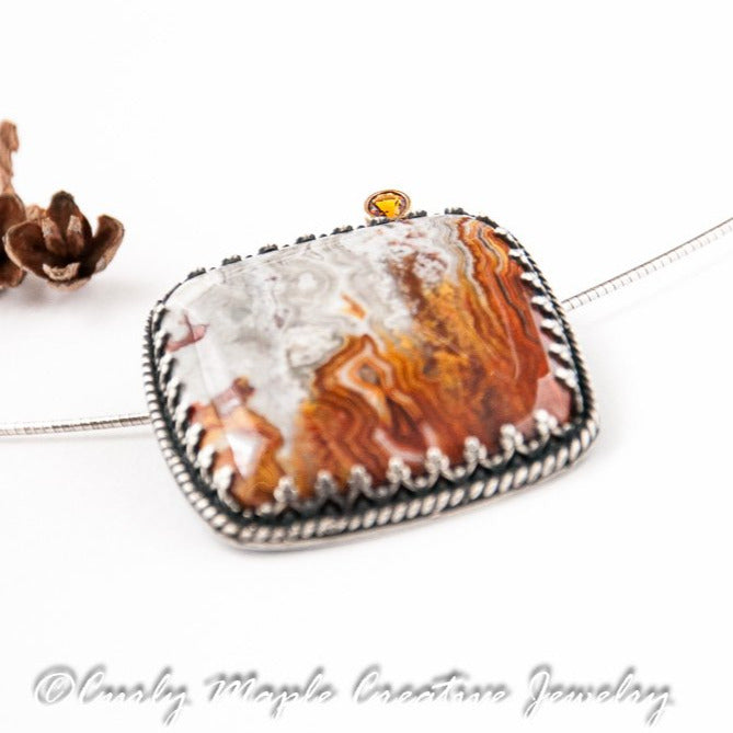 Fire Citrine Crazy Lace Agate Pendant Necklace in Sterling Silver view from bottom up