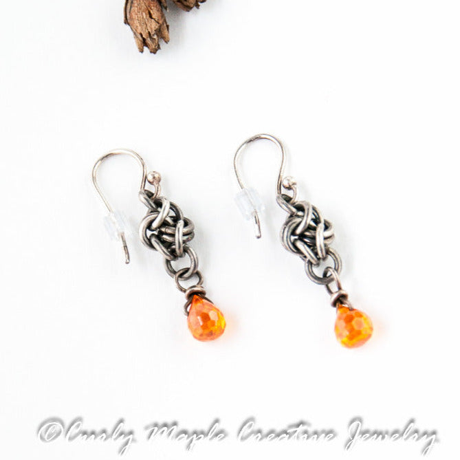Love Knot Silver Earrings with Orange CZ drop