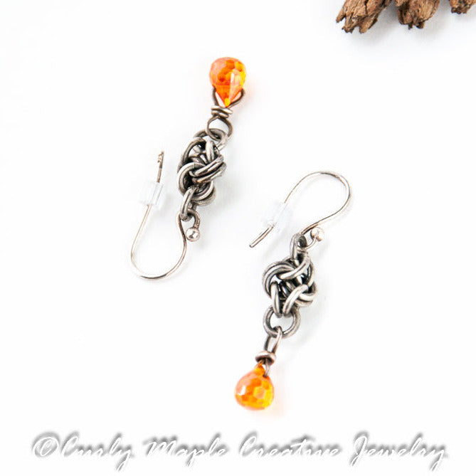Love Knot Silver Earrings with Orange CZ drop