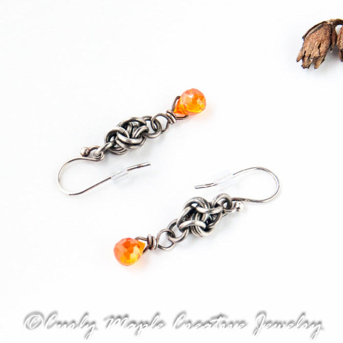 Love Knot Silver Earrings with Orange CZ drop
