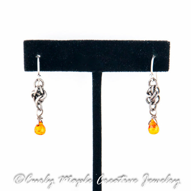 Love Knot Silver Earrings with Orange CZ drop