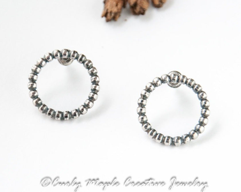 Open Circle Silver Beaded Wire Post Earrings front view