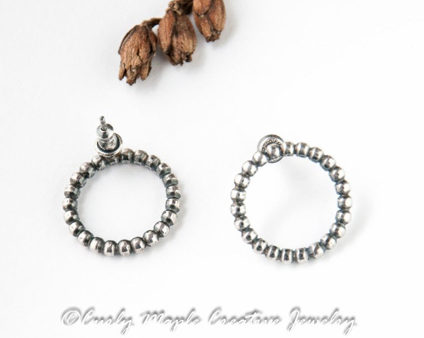Open Circle Silver Beaded Wire Post Earrings front and back sides view