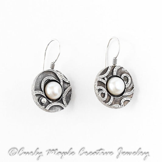 Asymmetrical Textured Silver Pearl Earrings