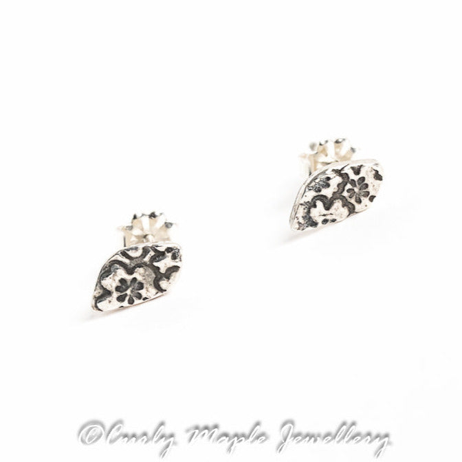 Tiny Leaf Textured Silver Post Earrings