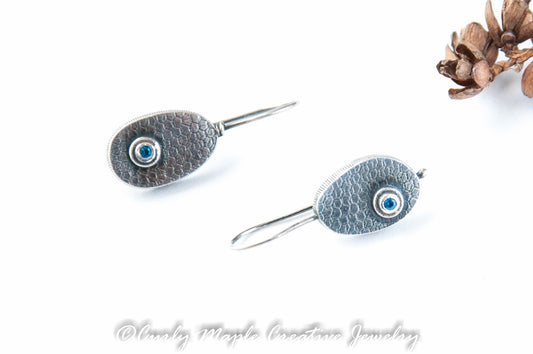 Blue Topaz Asymmetrical Textured Silver Drop Earrings 