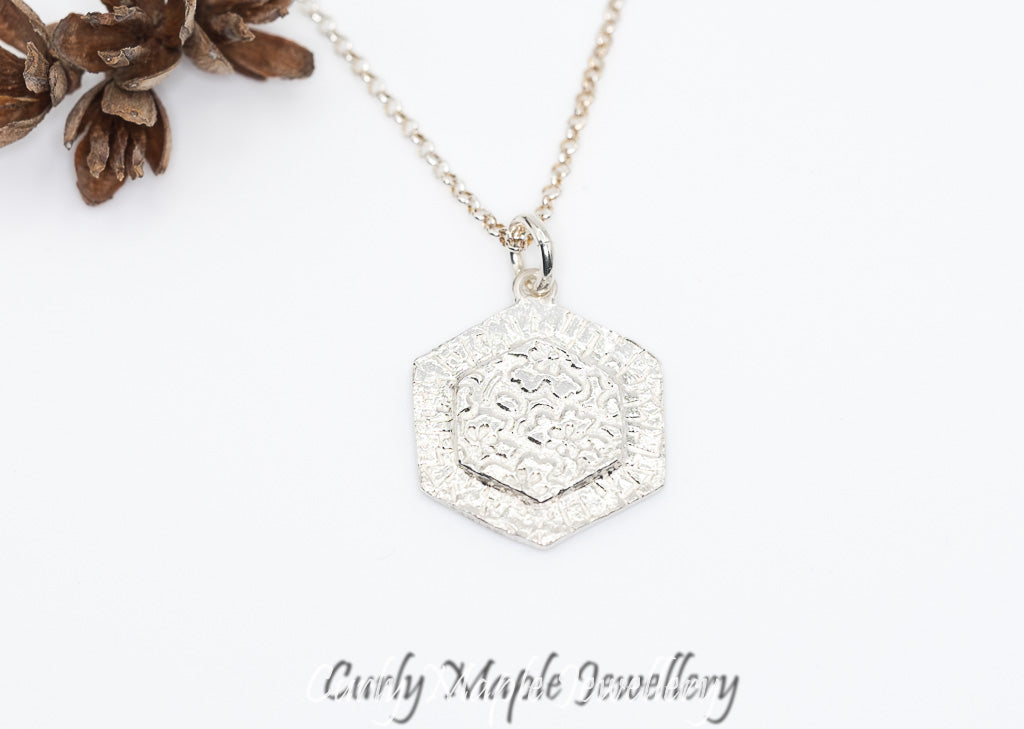 Bojagi Silver Hexagon Pendant Necklace