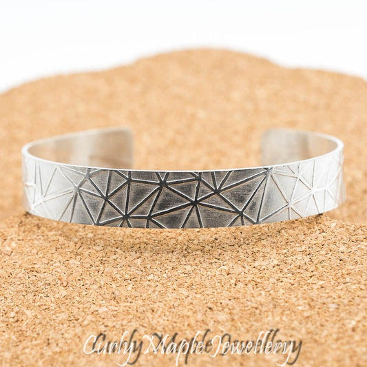 Geometric Polygon Textured Silver Cuff Bracelet 