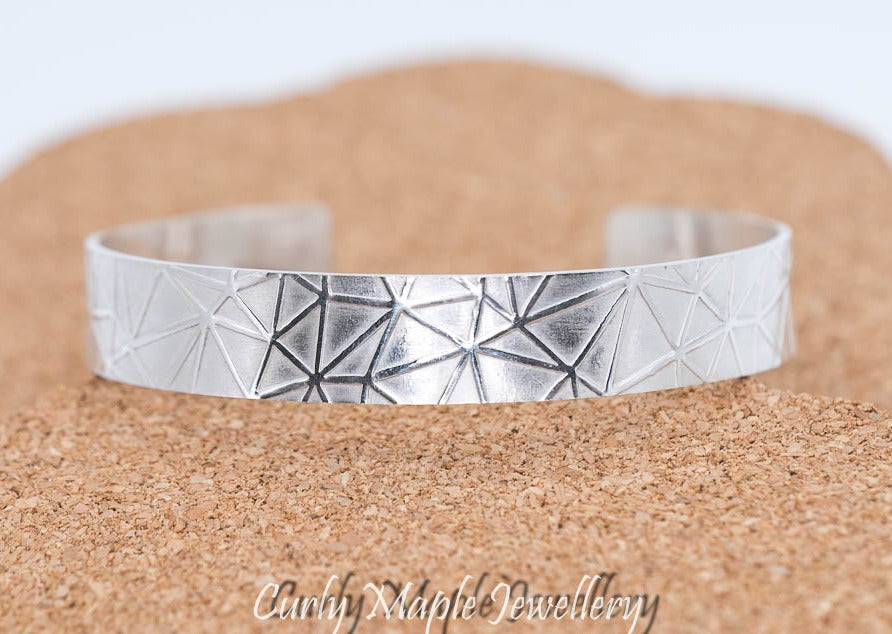 Geometric Polygon Textured Silver Cuff Bracelet 