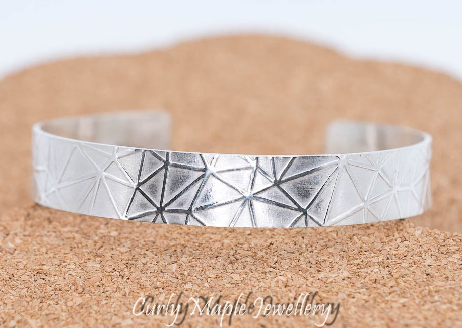 Geometric Polygon Textured Silver Cuff Bracelet