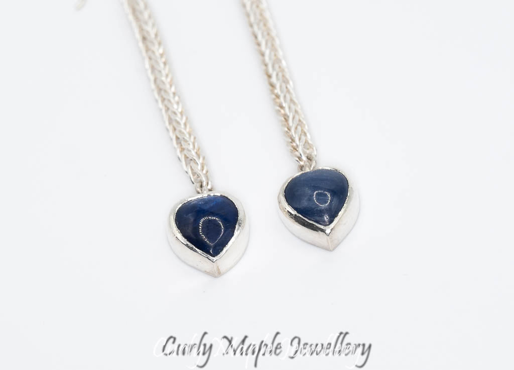 Heart Kyanite Silver Foxtail Chain Earrings