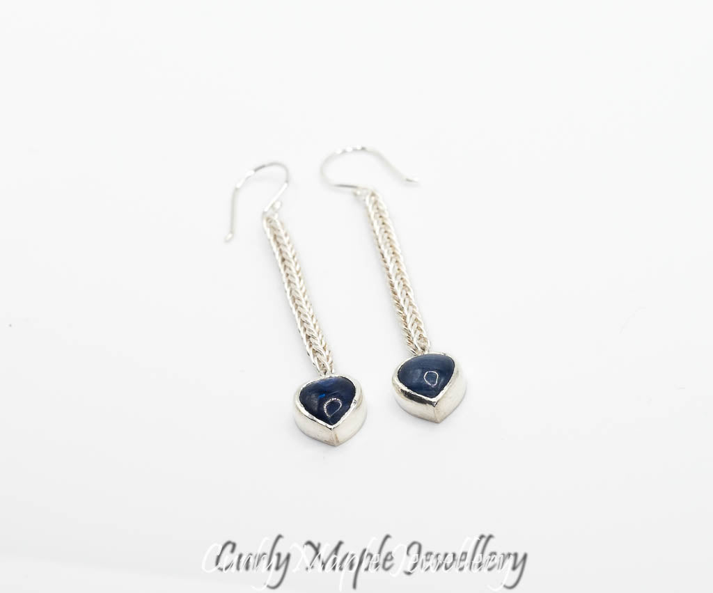 Heart Kyanite Silver Foxtail Chain Earrings