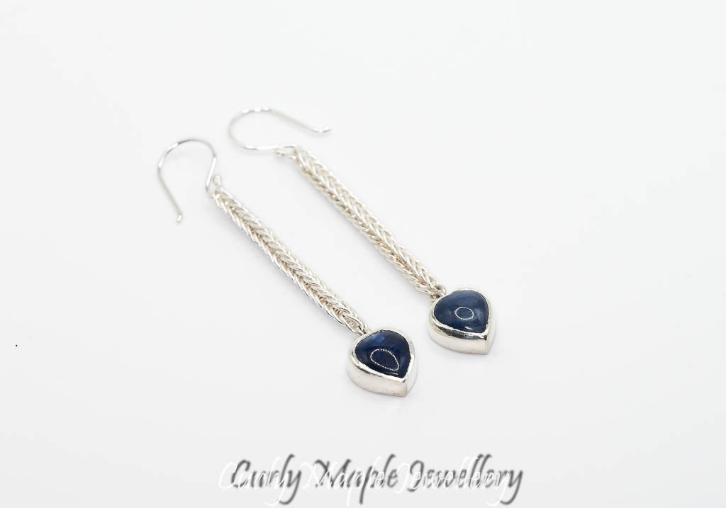 Heart Kyanite Silver Foxtail Chain Earrings