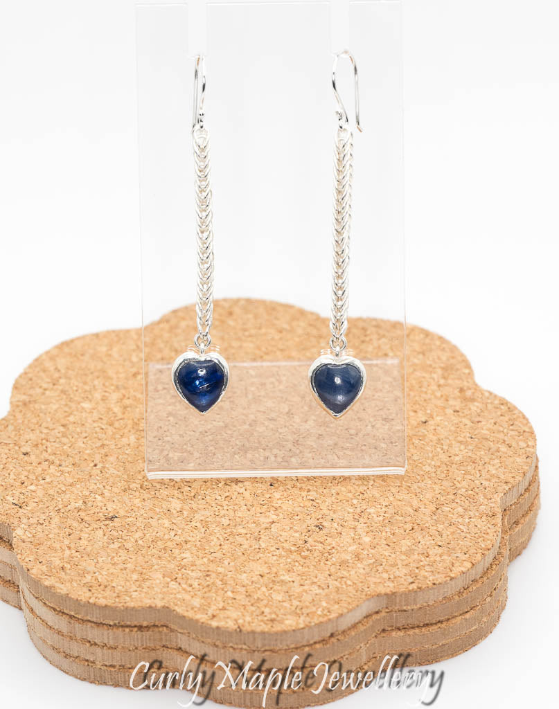 Heart Kyanite Silver Foxtail Chain Earrings