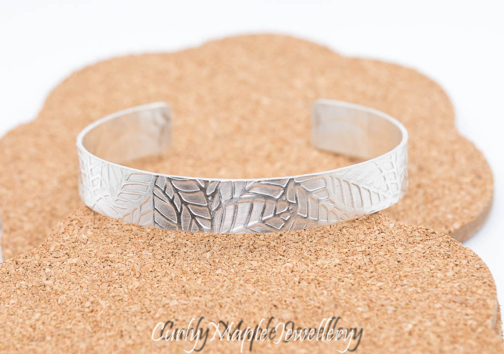Leaf Collage Textured Silver Cuff Bracelet 2