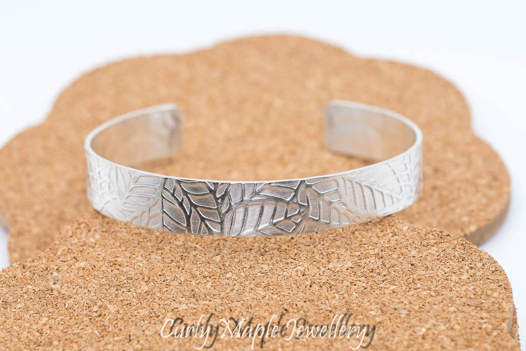 Leaf Collage Textured Silver Cuff Bracelet