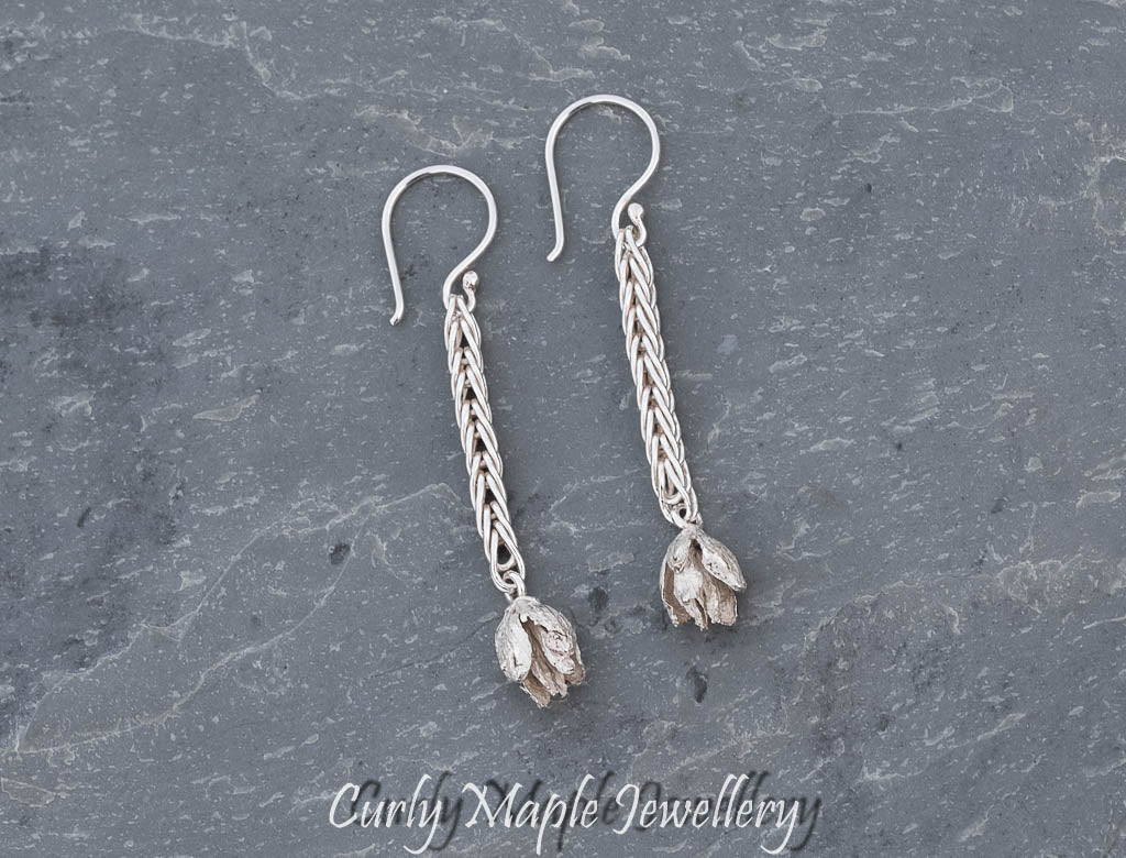 Long Foxtail Chain White Cedar Cone Dangle Earrings