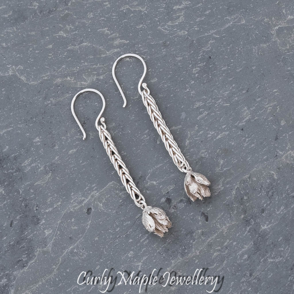 Long Foxtail Chain White Cedar Cone Dangle Earrings 1