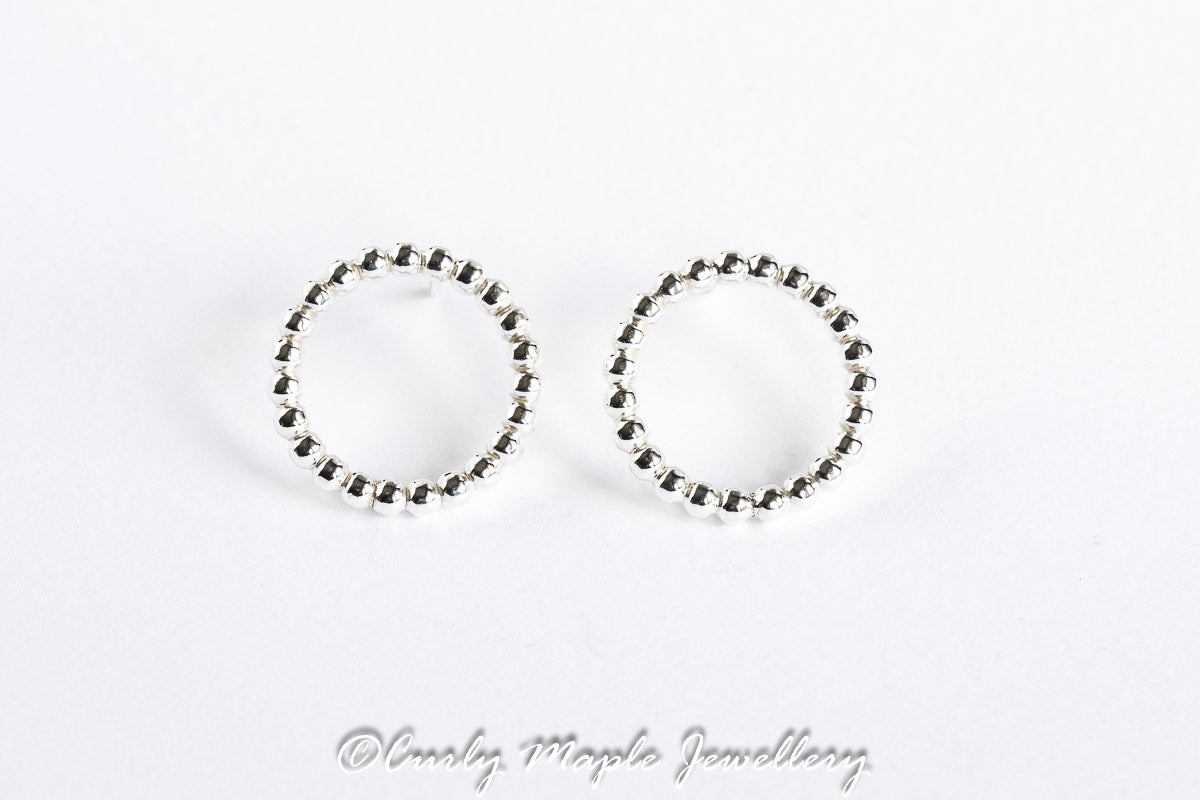 Open Circle Silver Beaded Wire Post Earrings 