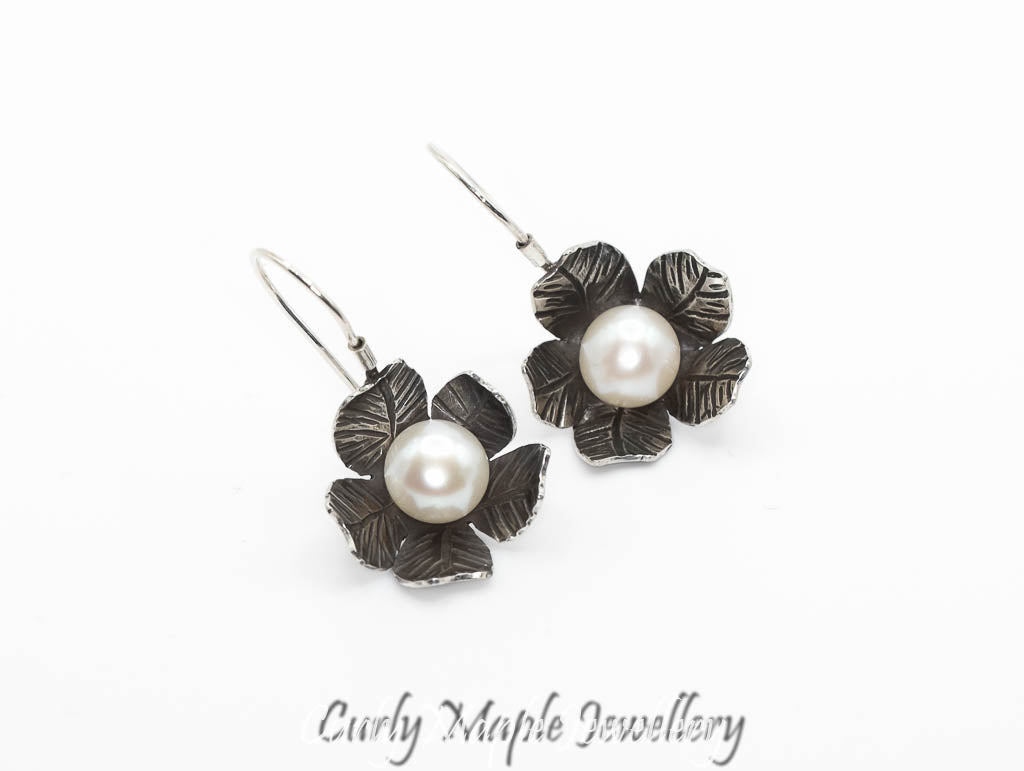 Pearl Silver Flower Drop Earrings