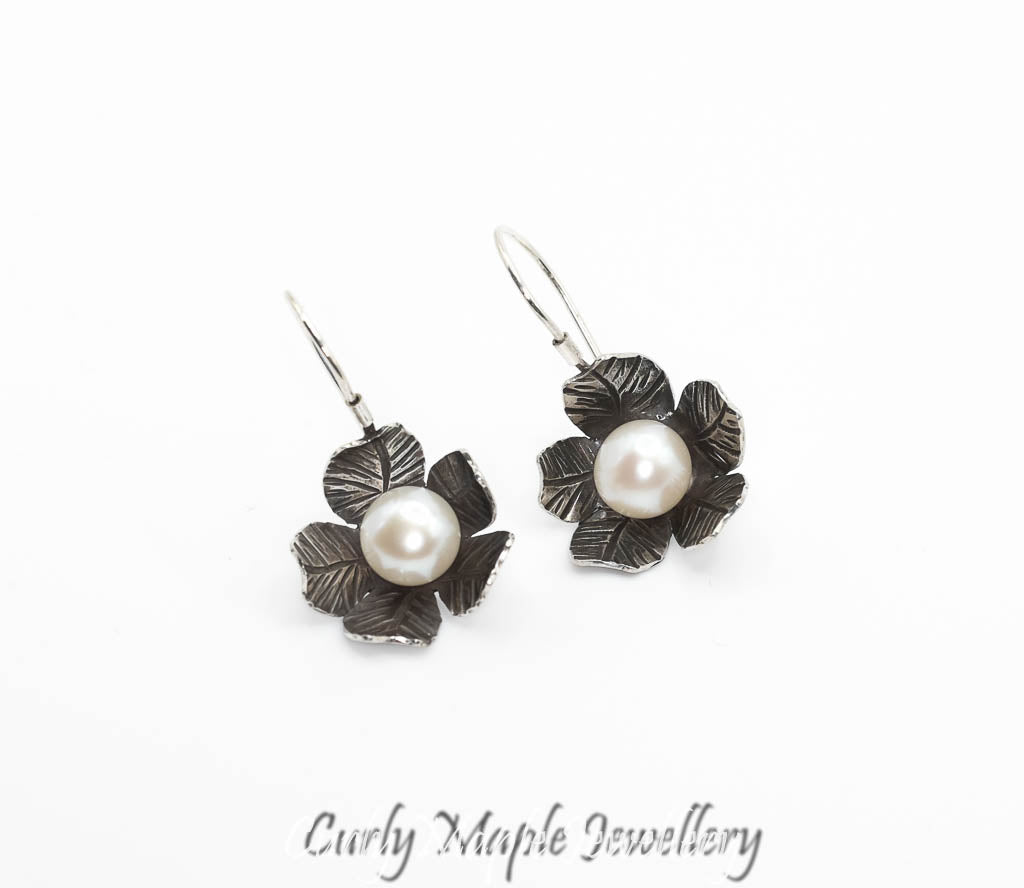 Pearl Silver Flower Drop Earrings