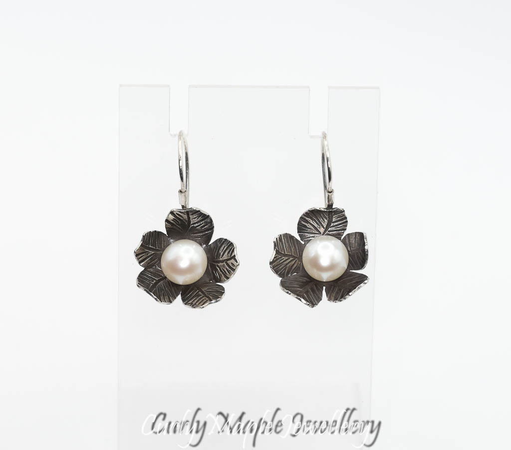 Pearl Silver Flower Drop Earrings