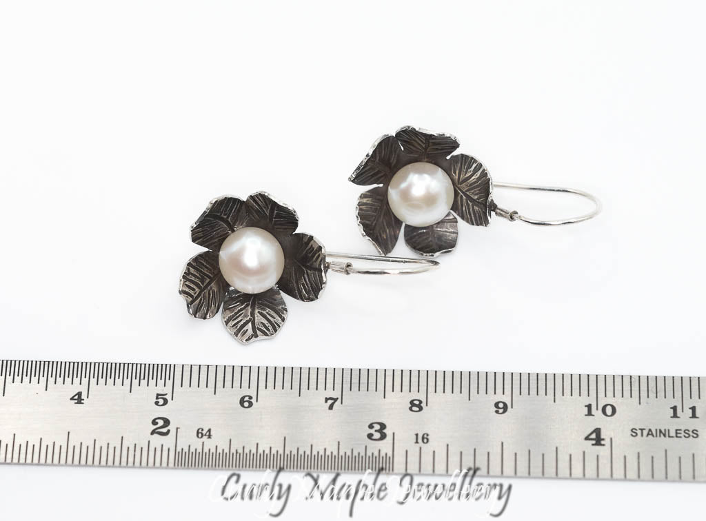 Pearl Silver Flower Drop Earrings