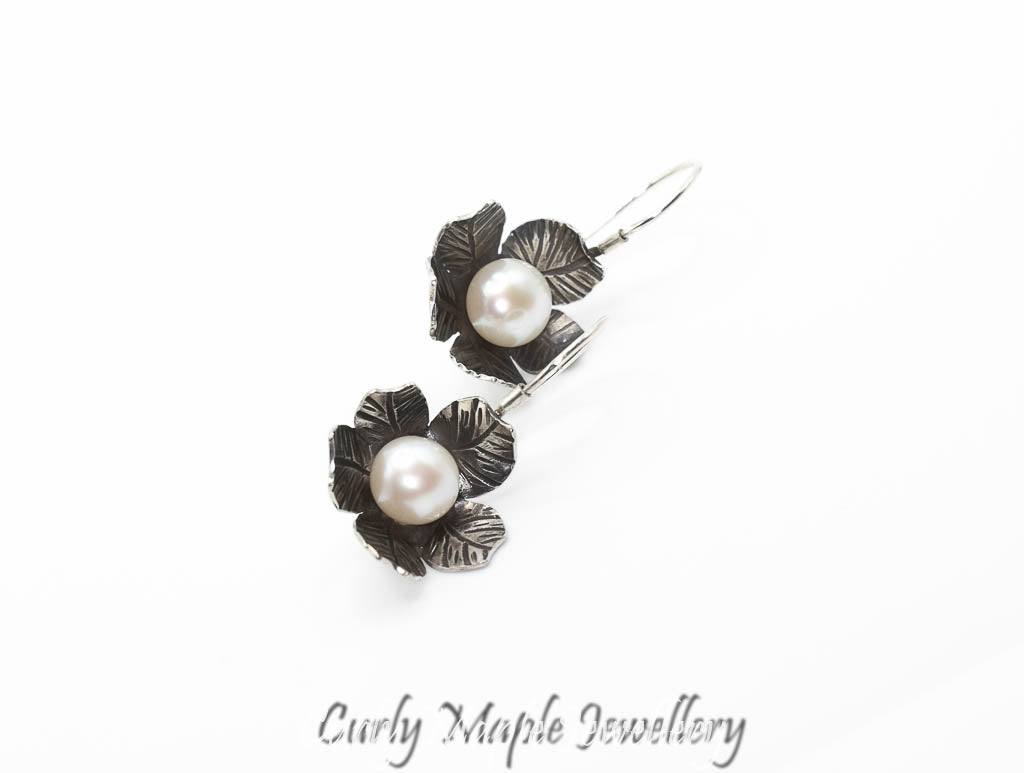 Pearl Silver Flower Drop Earrings