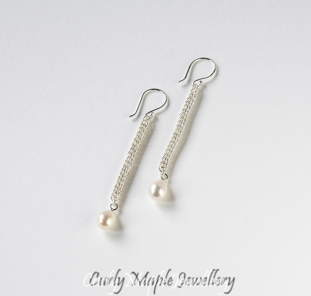 Pearl Silver Foxtail Chain Earrings - Long Dangles