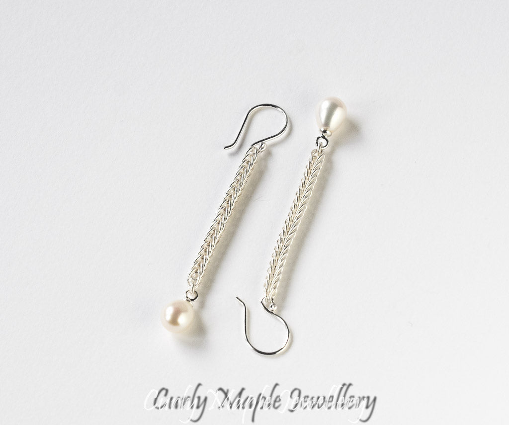 Pearl Silver Foxtail Chain Earrings - Long Dangles