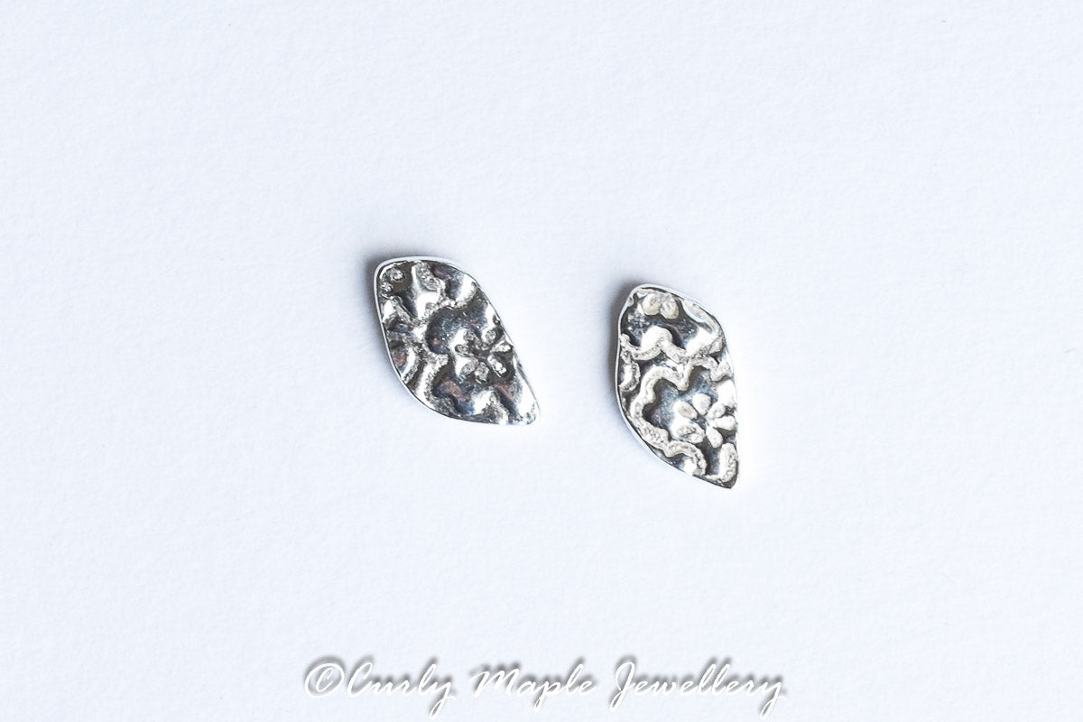 Tiny Leaf Textured Silver Post Earrings