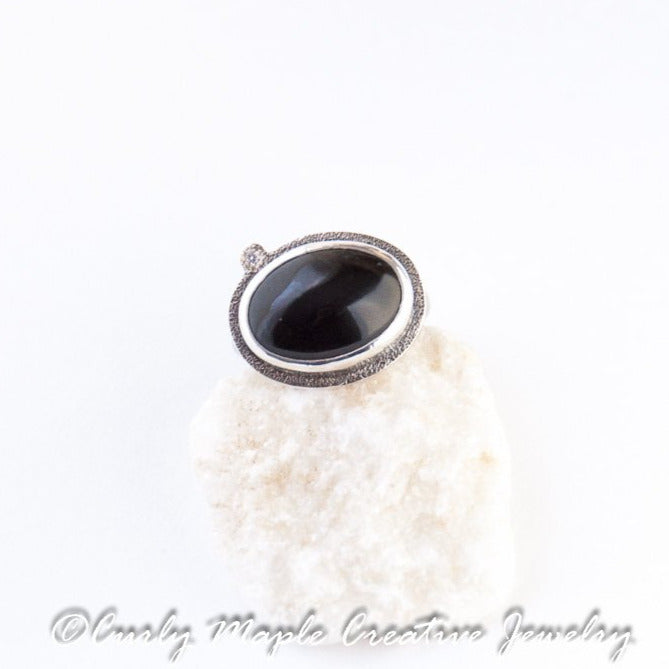 Black Onyx Silver Statement Ring top view