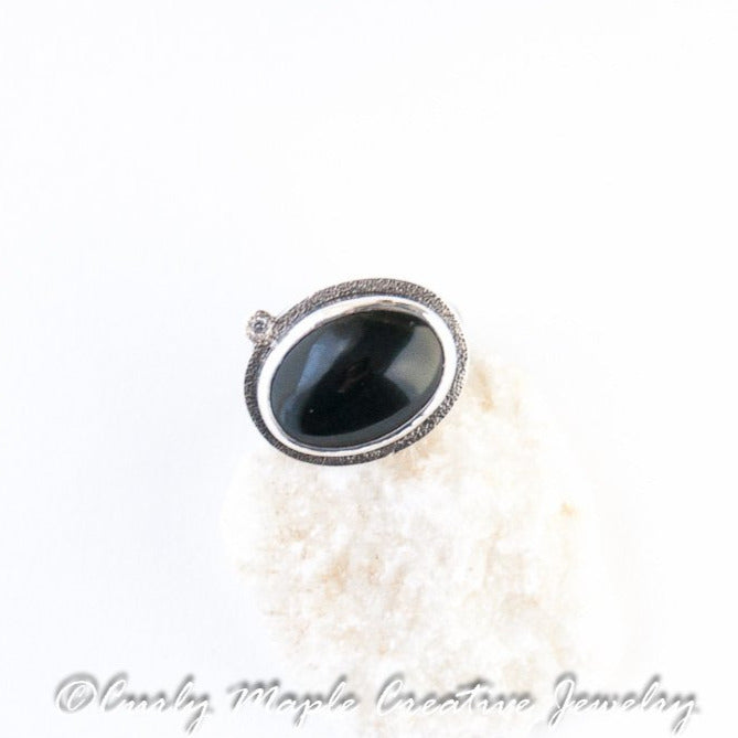 Black Onyx Silver Statement Ring top view